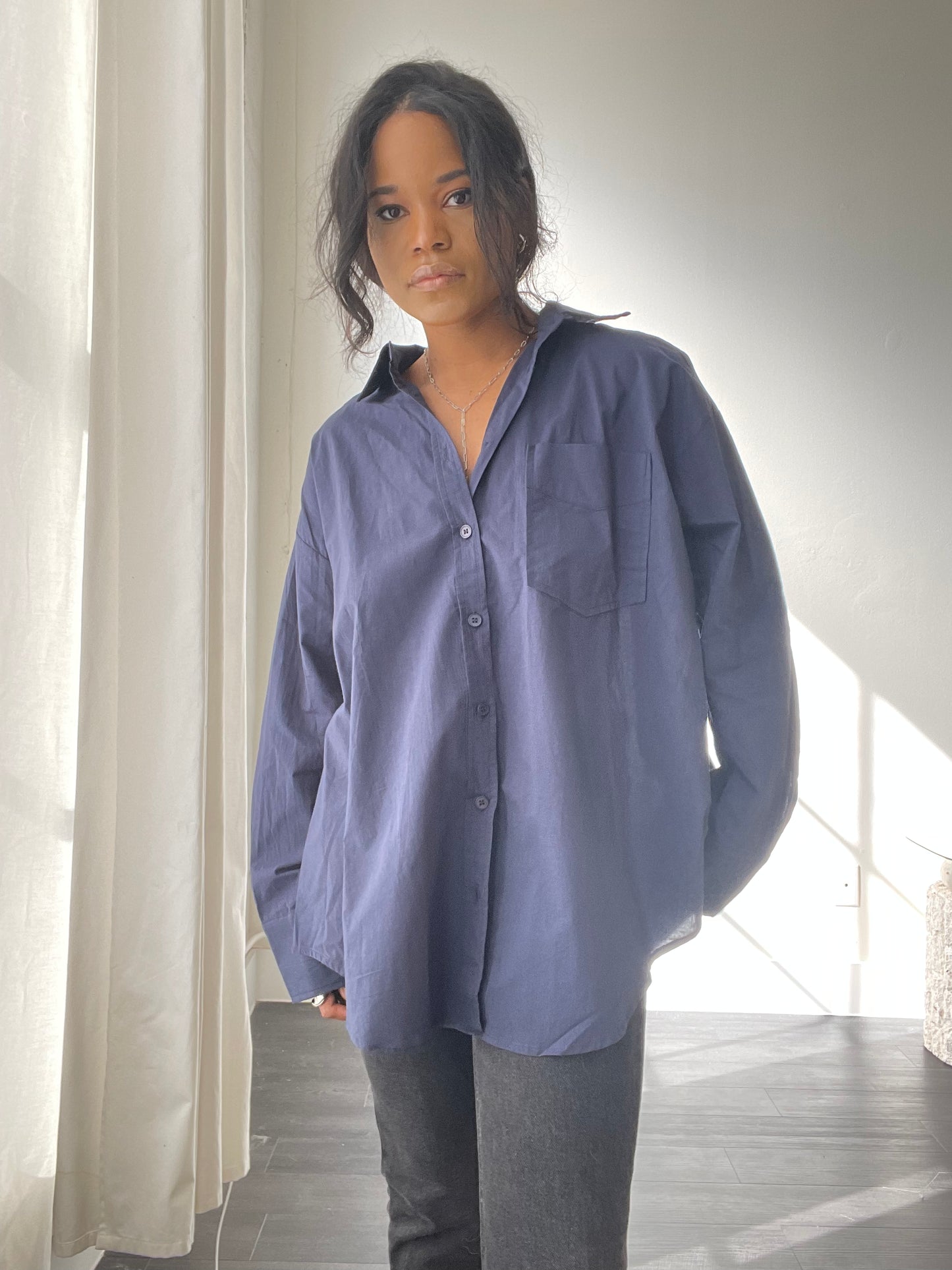 Chase Cotton Oversized Button Down In Washed Navy