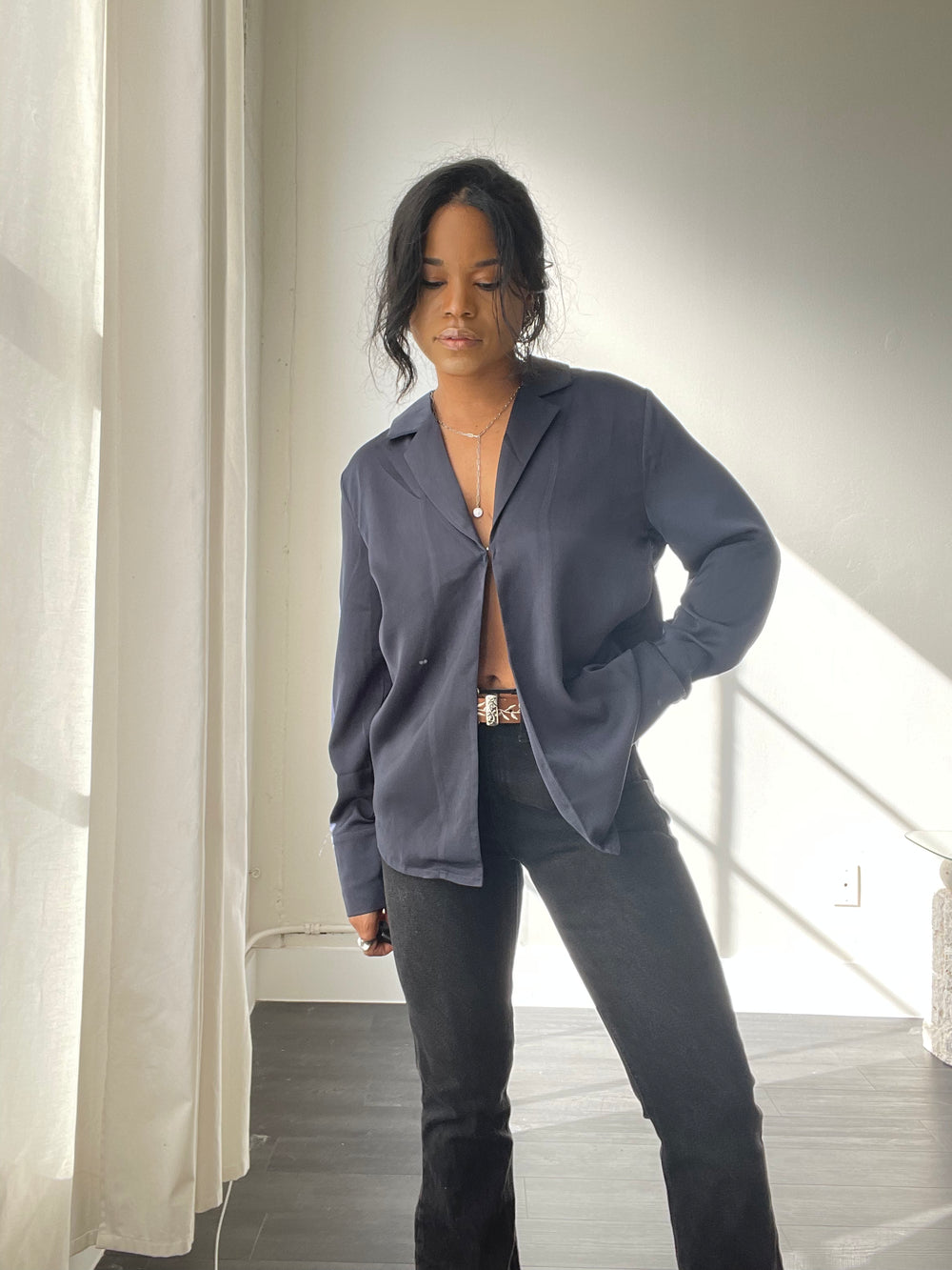 Paige Single Front Closure Long Sleeve Top In Midnight Navy