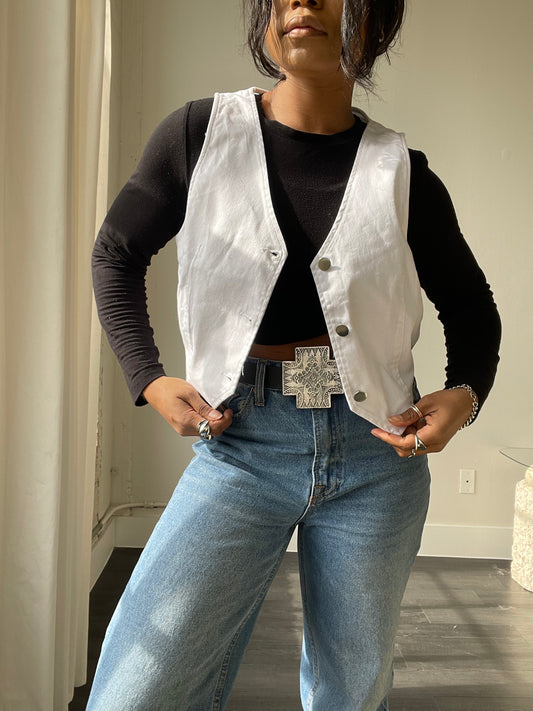 Taylor Cotton Denim Button Classic Cowgirl Vest In White