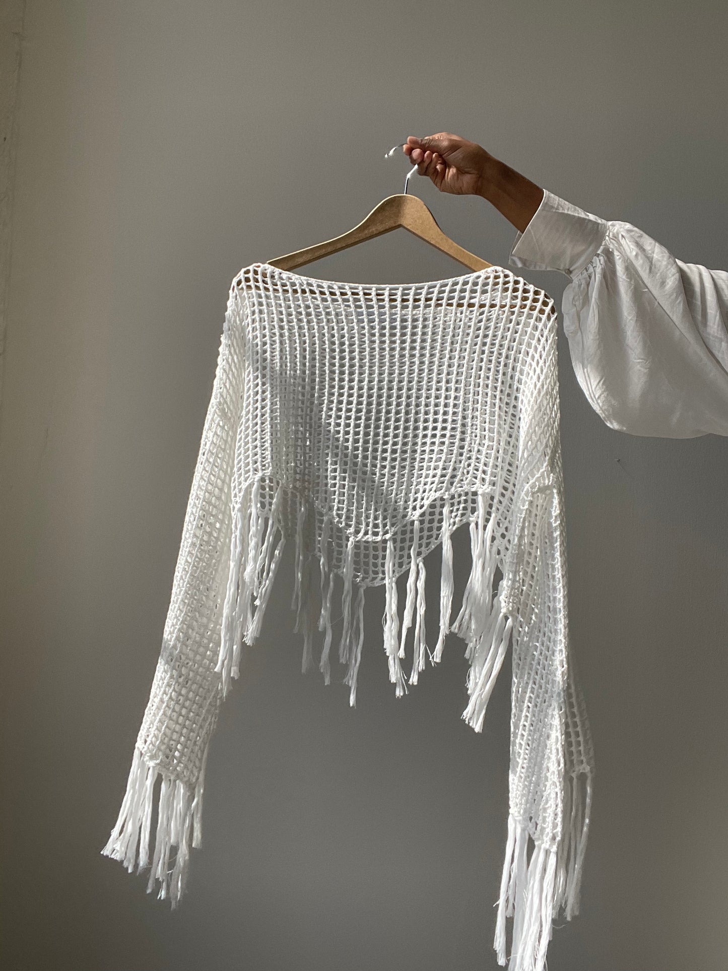 Sagan Cotton Crochet Fringe Long Sleeve Top In White