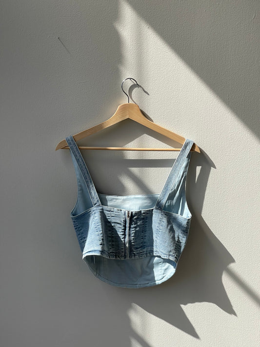 Peyton Denim Zip Back Corset In Light Wash