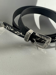 Caroline Velvet Western Floral Embroidery Belt In Black Silver