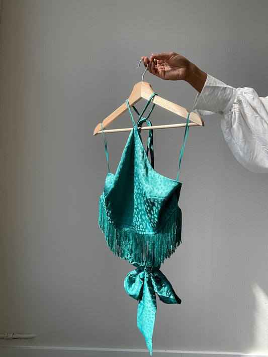 Margaret Fringe Halter Top In Kelly Green