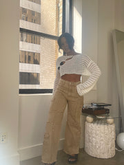 Caroline Cropped Crochet Bell Sleeve Top In White