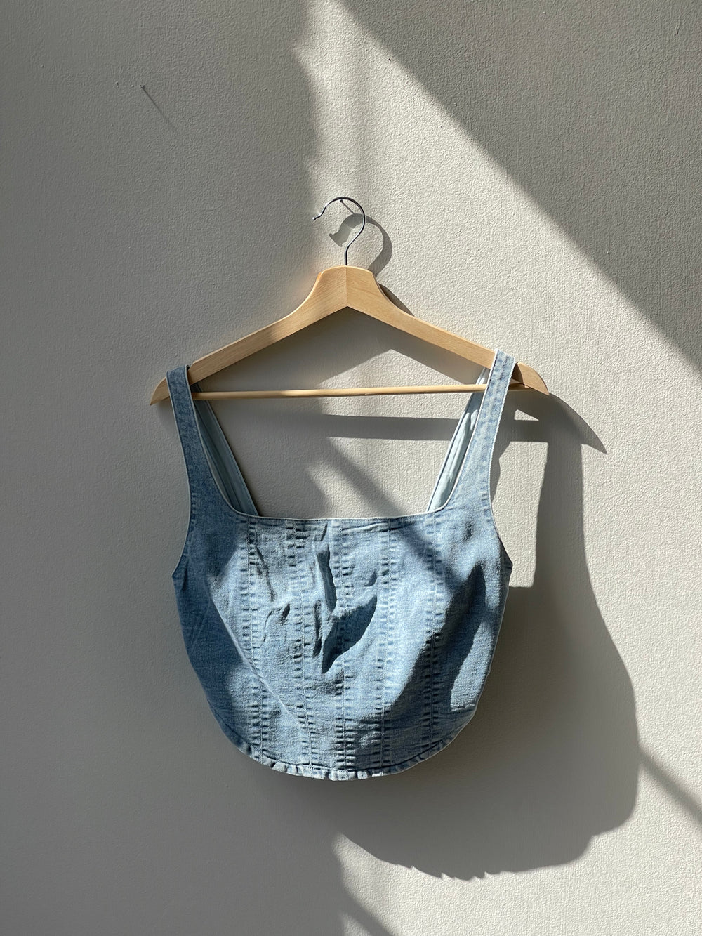 Peyton Denim Zip Back Corset In Light Wash