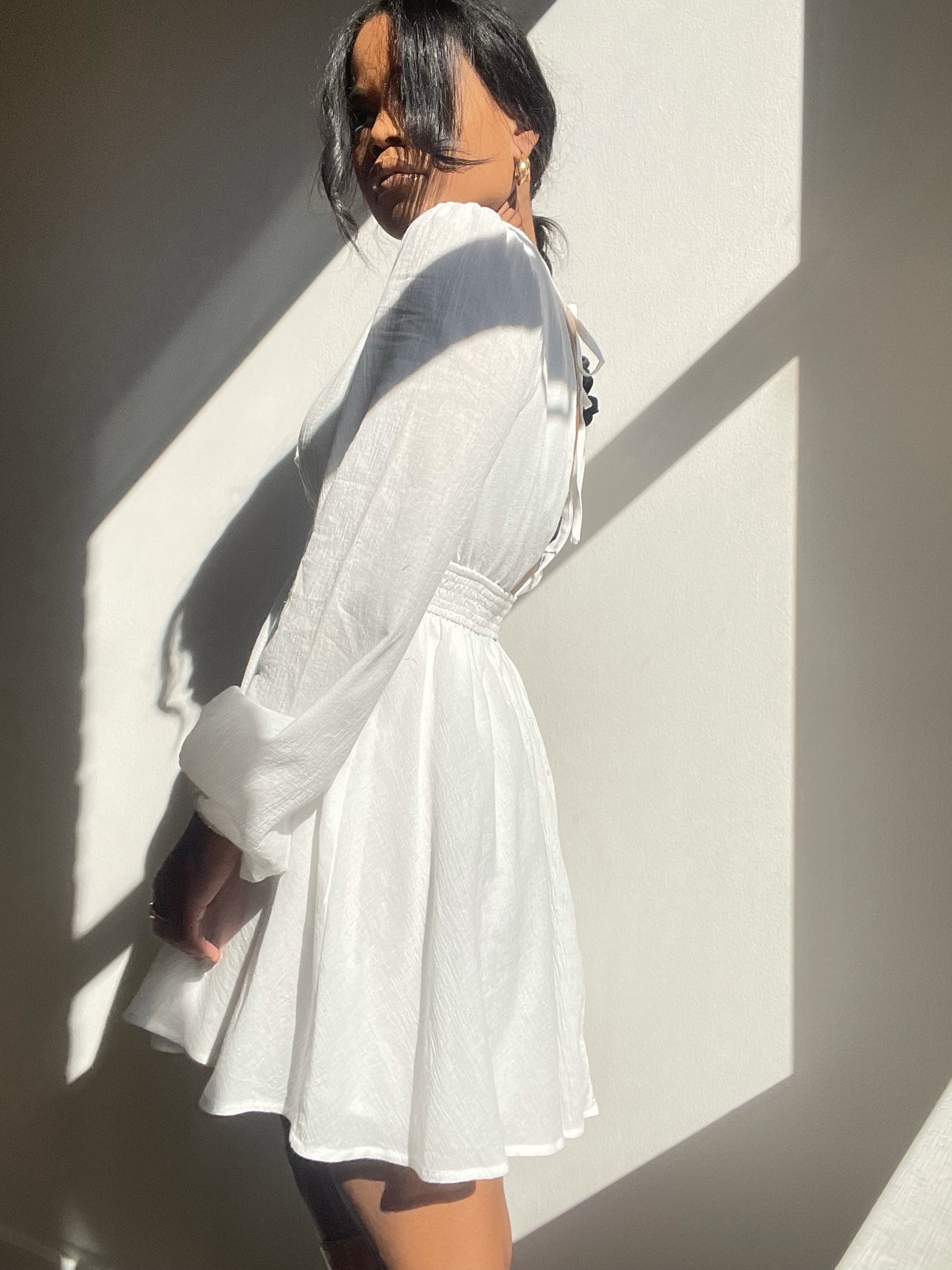 Izzie Long Puff Sleepve Cutout Cotton Dress In White