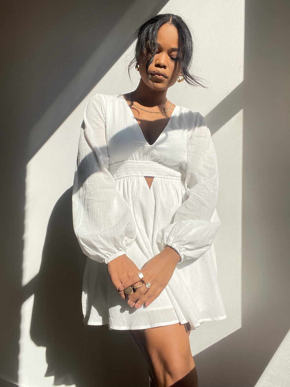 Izzie Long Puff Sleepve Cutout Cotton Dress In White