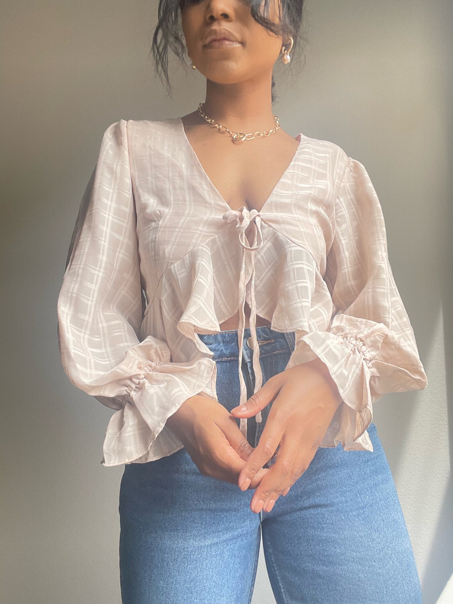 Mable Waffle Puff Sleeve Crop Top In Blush