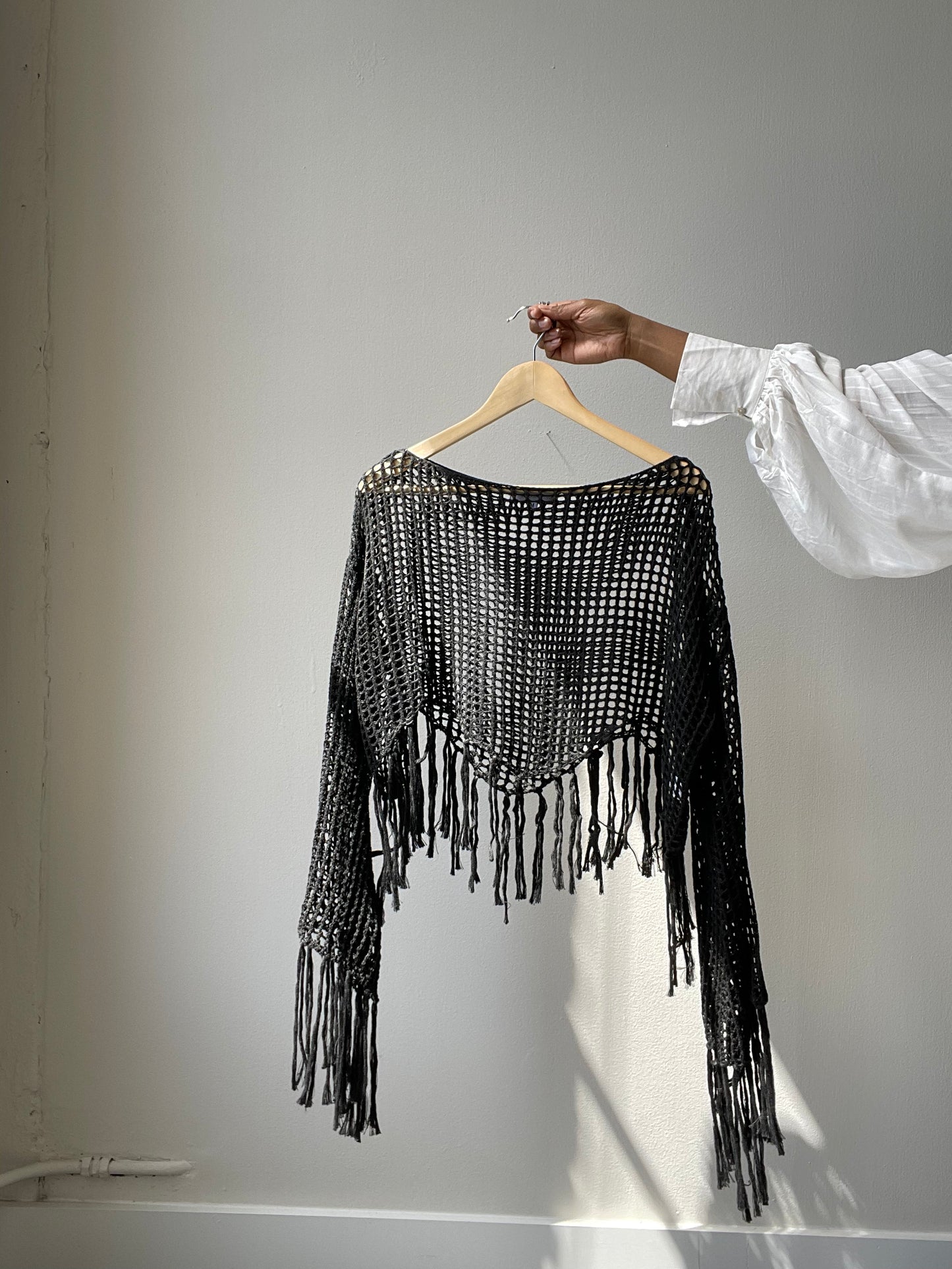 Sagan Crochet Cotton Fringe Long Sleeve Top In Black