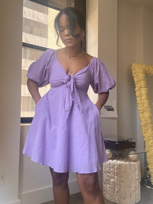 Zoe Cotton Tie Front Puff Sleeve Mini Dress In Lavender
