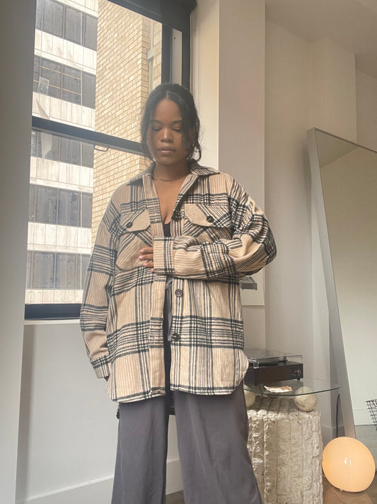 Tori Check Oversized Shacket In Tan