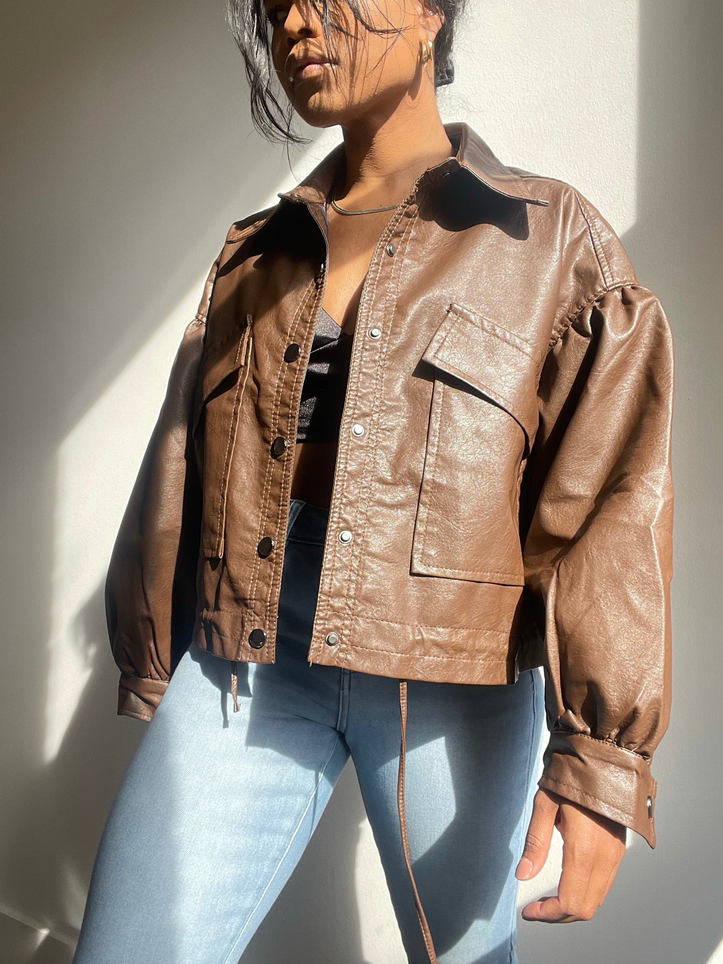 Beverly Vegan Leather Dolman Sleeve Jacket In Brown